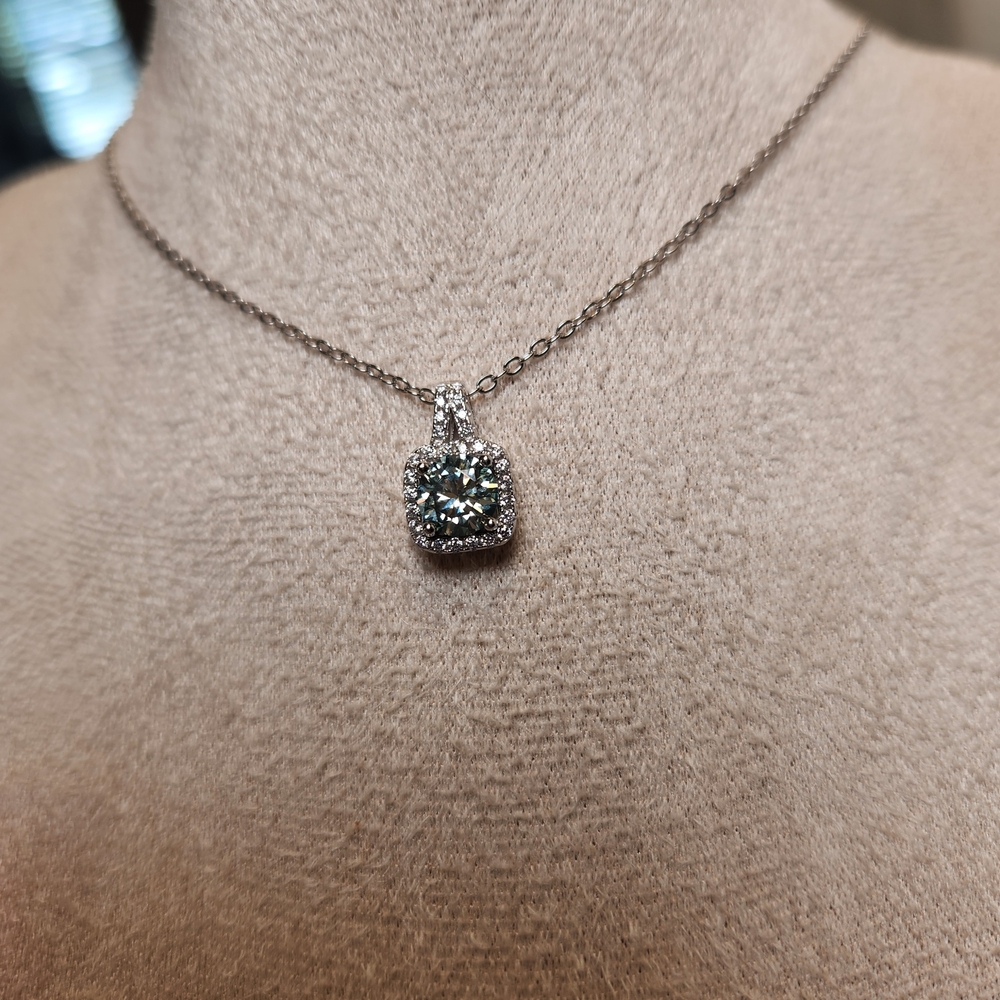 Blue Green Moissanite Sterling Silver Necklace - Picture 2 of 4